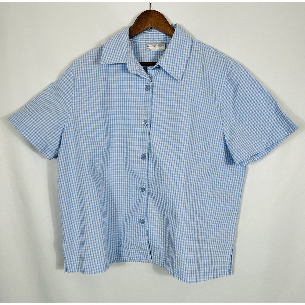 Vintage Blue Searsucker Gingham Plaid‎ Boxy Crop Button Up Top Picnic Cottage XL